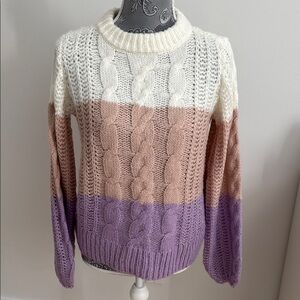 Colorblock Cable Knit Sweater - Cream, Pink, and Purple